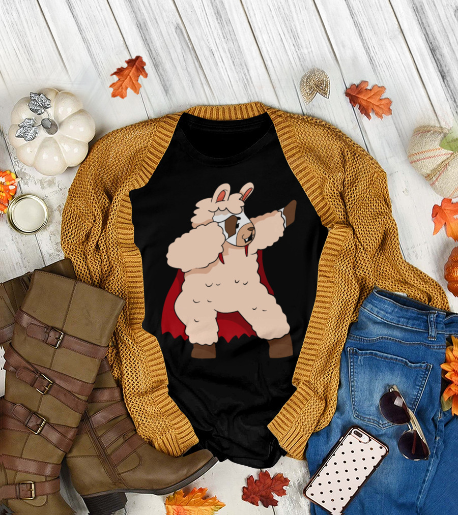 Superhero Dabbing Halloween Alpaca Llama in Red Cape T-Shirt