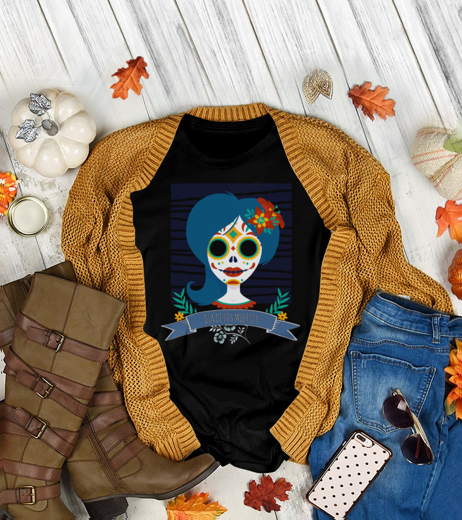 Día De Los Muertos Blue Dead Girl Without Eyes Floral Sugar Skull T-Shirt