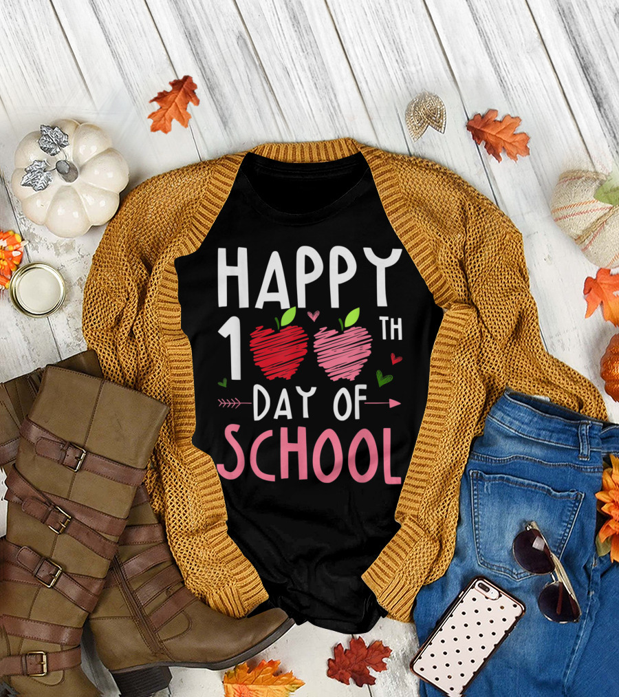 Happy 100th Day of School with Heart Apples Kindergarten T-Shirt