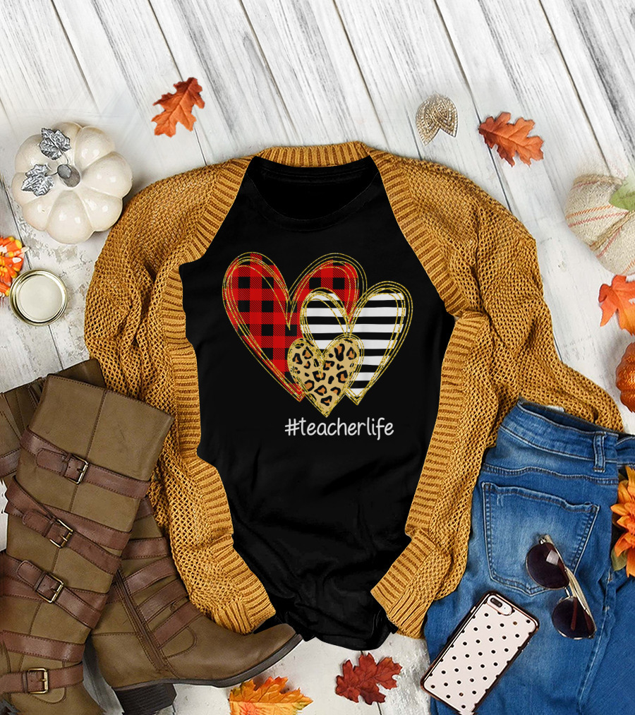 Leopard Plaid Striped Hearts #TeacherLife T-Shirt