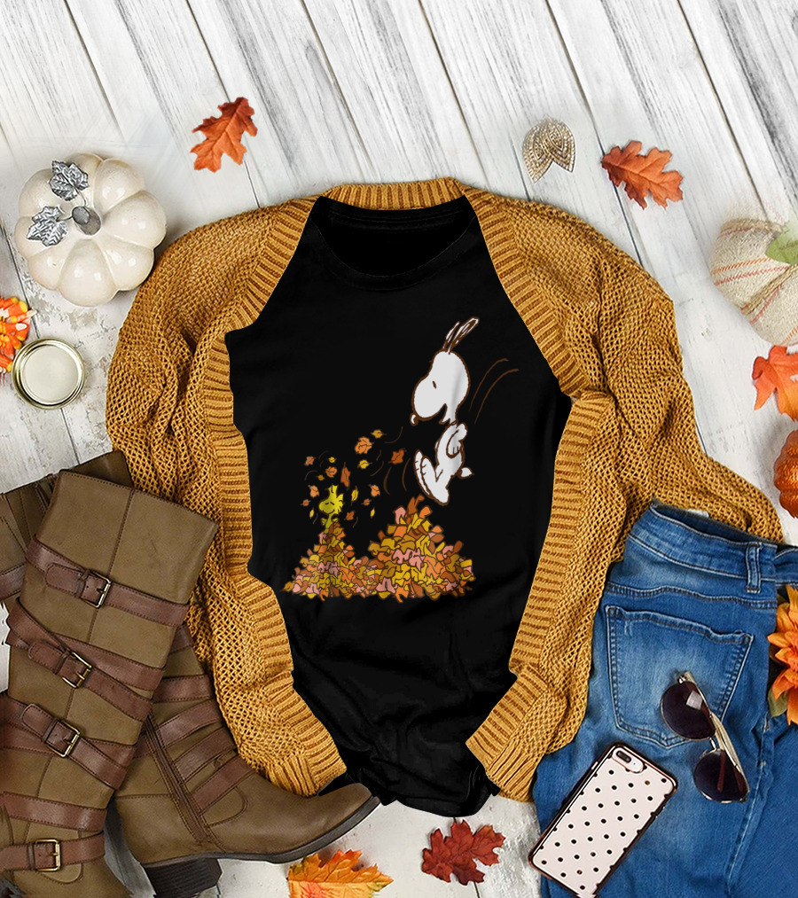 Peanuts Snoopy Jumping in Leaves with Woodstock Fall Fun T-Shirt
