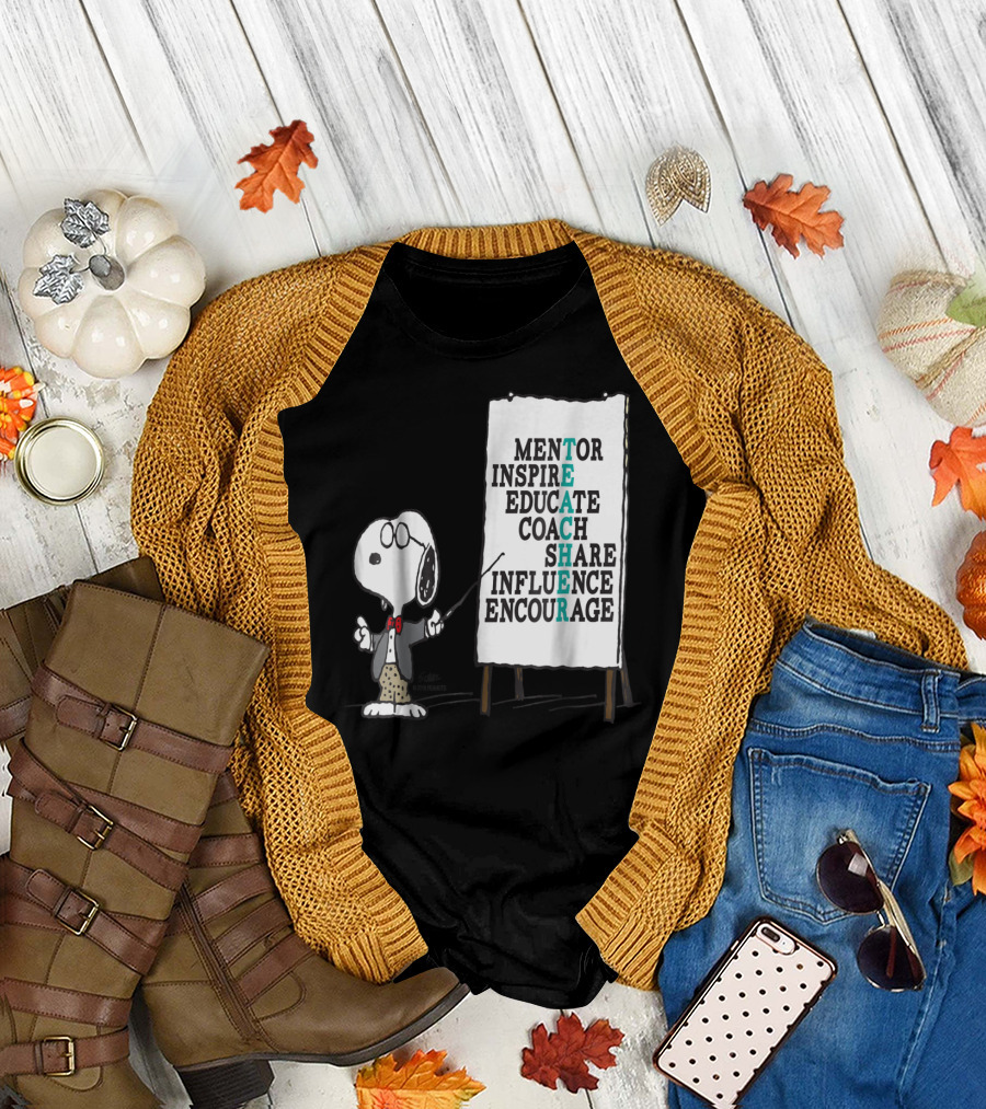 Peanuts Snoopy Mentor Inspire Educate Coach Share Influence Encourage Teacher Notes T-Shirt