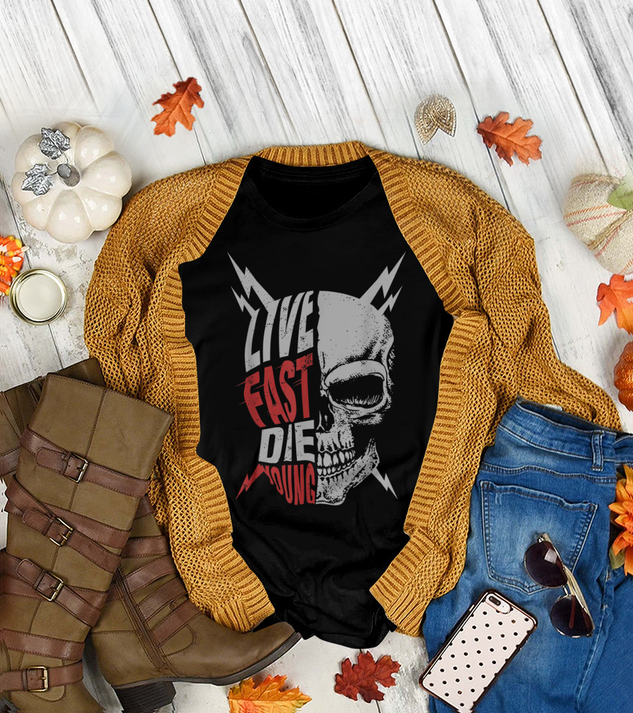 LIVE FAST DIE YOUNG Skull Lightning Bolt T-Shirt
