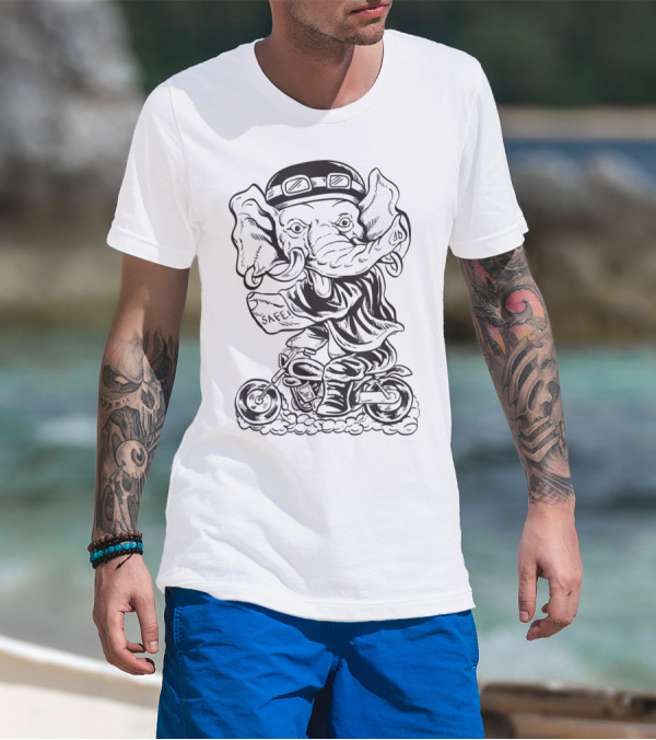 Elephant Riding Motorcycle Humorous Biker Character T-Shirt