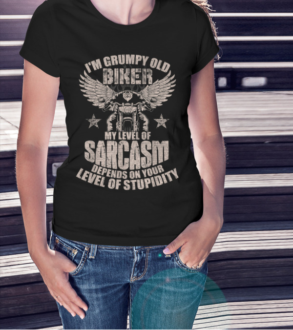 I'm Grumpy Old Biker My Level Of Sarcasm Depends On Your Level Of Stupidity T-Shirt