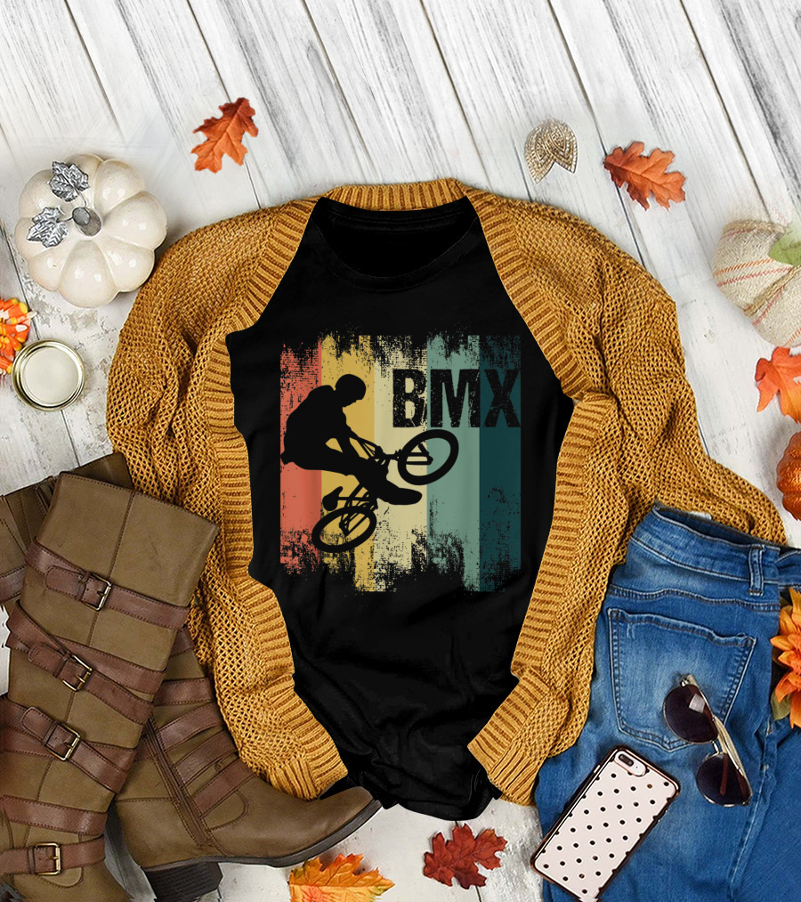 Retro BMX Bicycle Stunt Rider Silhouette with Colorful Stripes T-Shirt