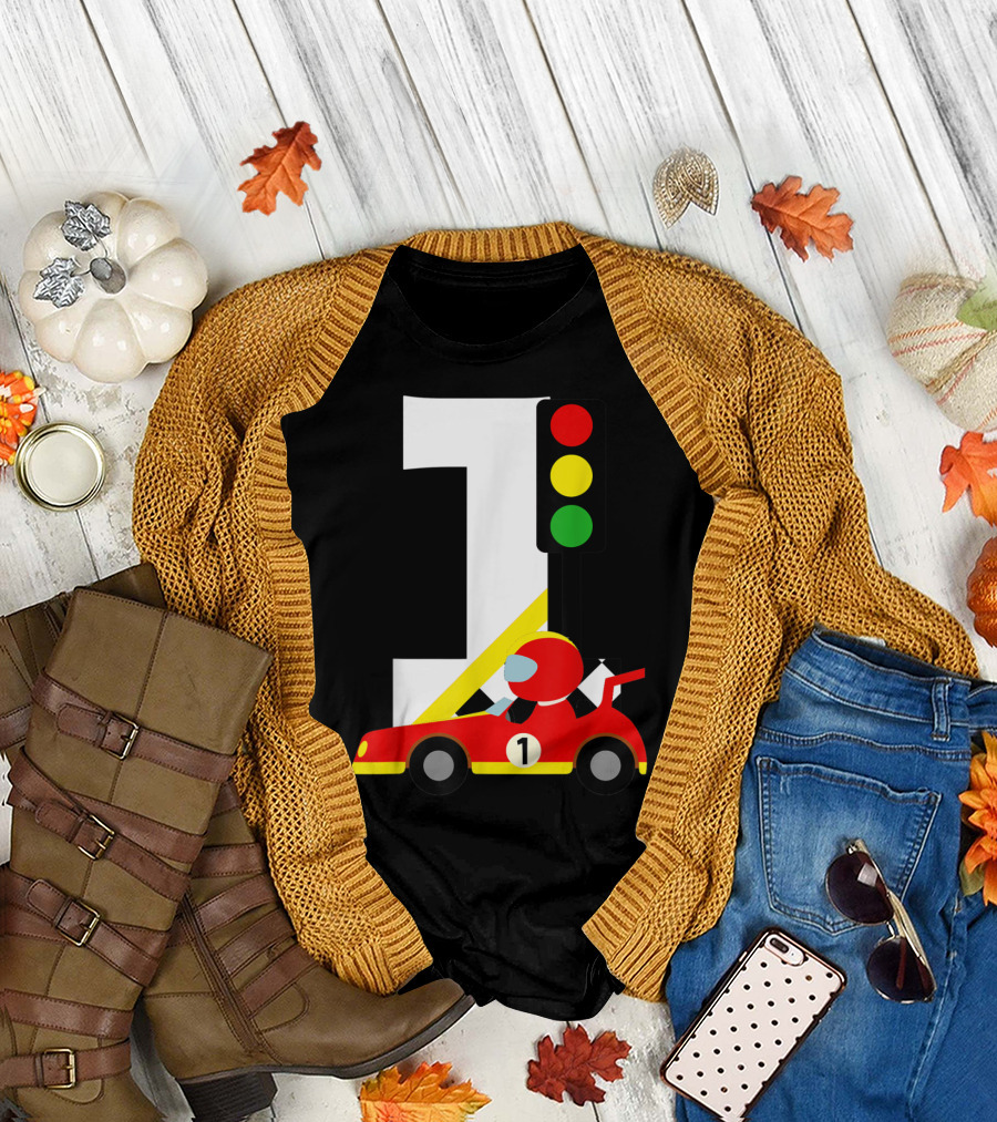 1st Birthday Race Car Racer with Number 1 and Traffic Light T-Shirt