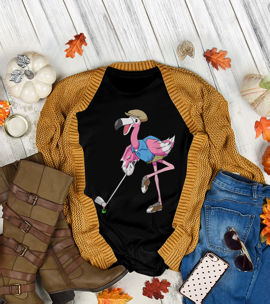 Flamingo Playing Golf in a Funny Pose with Club on Vacation T-Shirt