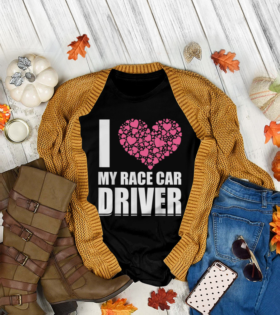 I Heart My Race Car Driver with Pink Hearts T-Shirt