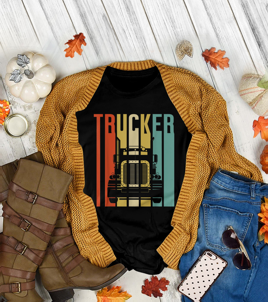 Trucker Vintage Silhouette Retro Colorful Stripe T-Shirt