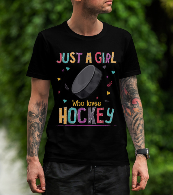 Just A Girl Who Loves Hockey Colorful Hockey Puck Hearts And Feathers T-Shirt
