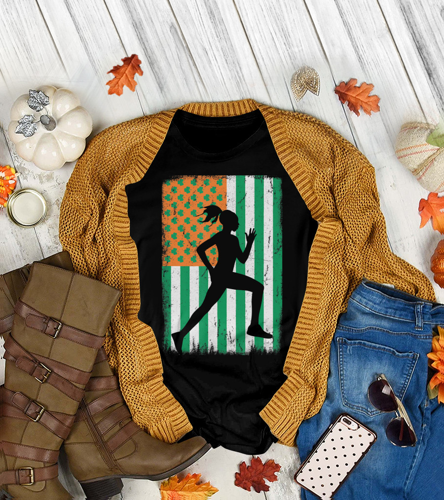 Female Runner Silhouette Irish American Flag St Patrick's Day T-Shirt