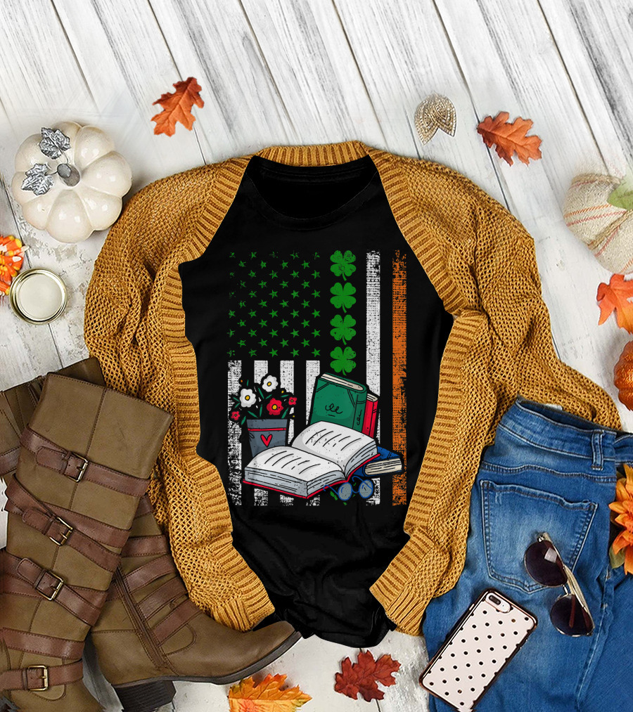 Irish American Flag Books Shamrock Lucky Librarian T-Shirt