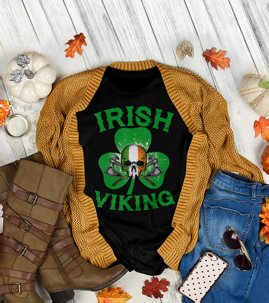 Irish Viking Skull with Axe and Shamrock Norse Mythology T-Shirt