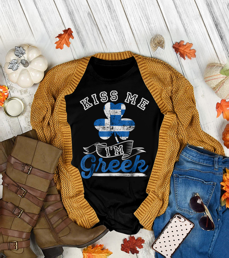 Kiss Me I'm Greek Shamrock Greek Flag T-Shirt