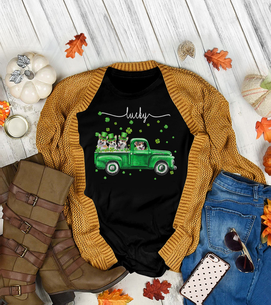 Lucky Corgi Dog Green Truck Shamrock St Patrick's Day T-Shirt