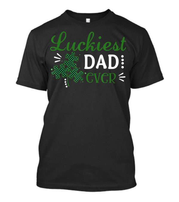 Luckiest Dad Ever Green Plaid Puzzle Pieces Autism T-Shirt