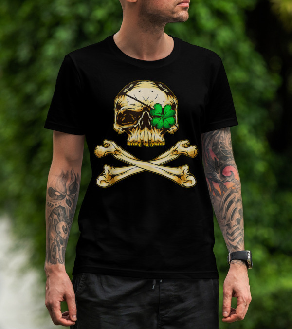 St Patrick's Day Skull With Green Shamrock And Crossbones T-Shirt