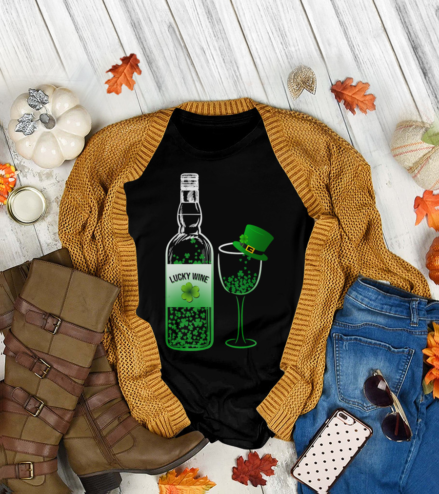 Lucky Wine Shamrock Bottle and Green Hat Wine Glass for St Patrick's Day T-Shirt