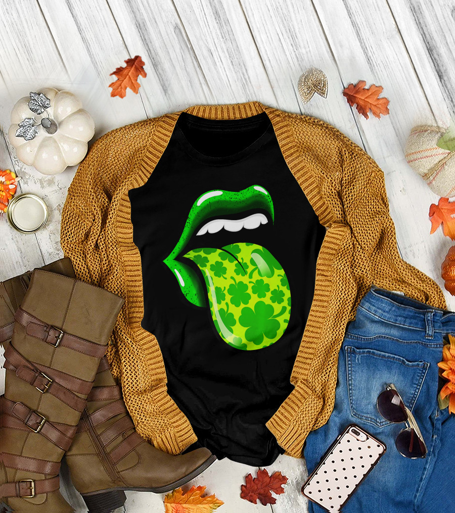 St Patricks Day Green Lips with Shamrock T-Shirt