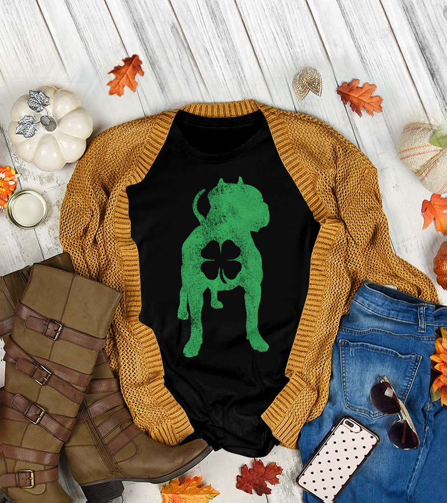 St. Patrick's Day Green Pit Bull with Shamrock Clover T-Shirt
