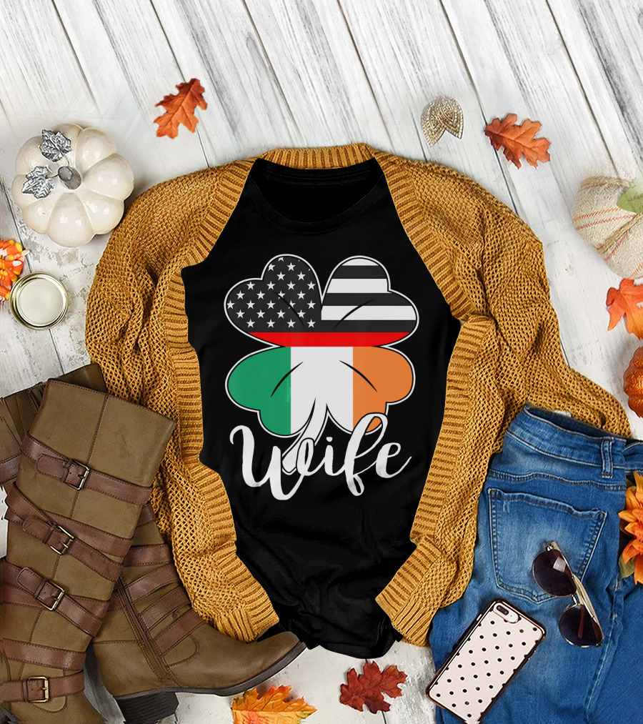 St. Patrick's Day US Flag Irish Wife Shamrock T-Shirt