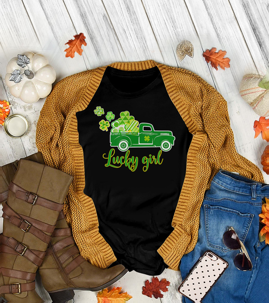 Lucky Girl Vintage Truck St. Patrick's Day Shamrocks T-Shirt