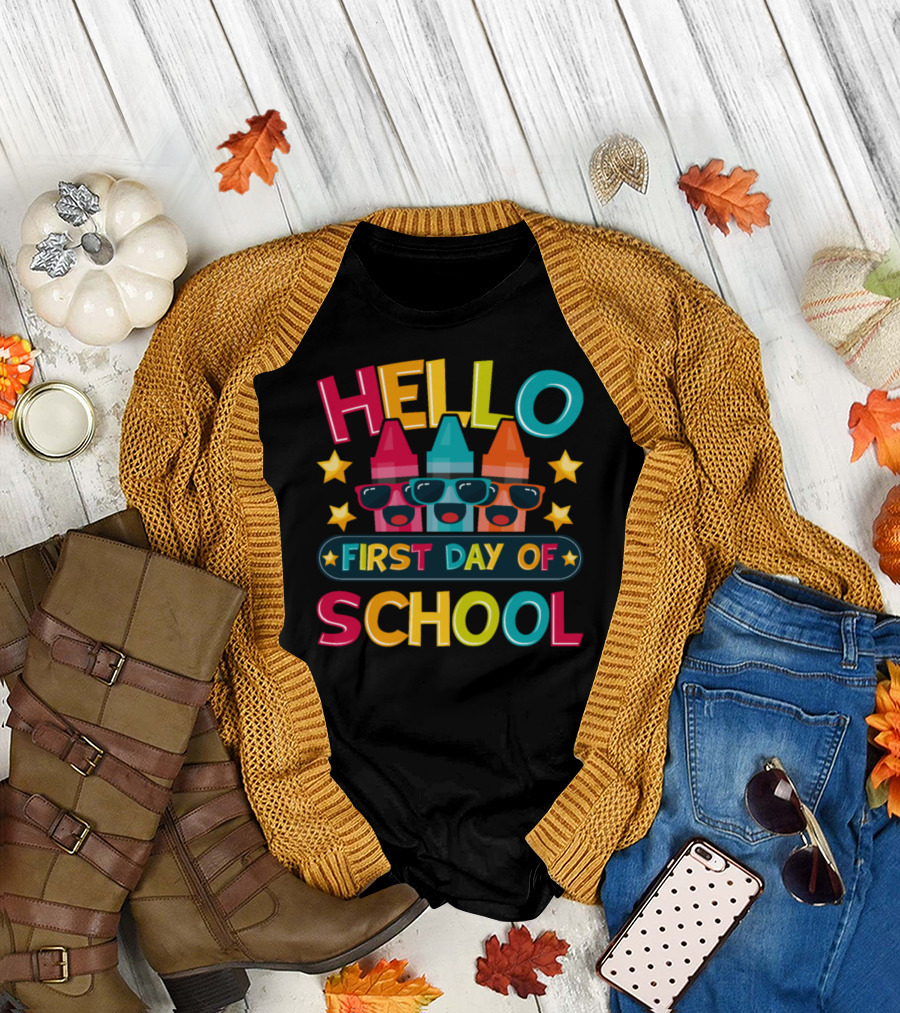 Hello First Day Of School Crayons Sunglasses Stars T-Shirt