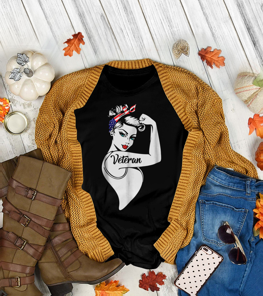 Veteran Strong Woman Patriotic Bandana Rosie Pose T-Shirt
