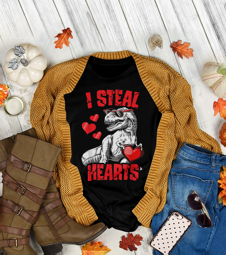 Valentines Day Dinosaur T-Rex I Steal Hearts Kids Lover T-Shirt