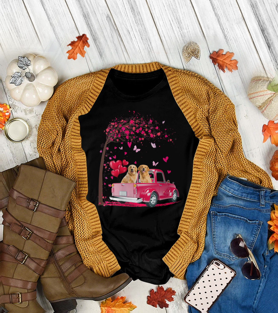 Golden Retrievers in Red Truck with Hearts and Butterflies under Blossom Tree T-Shirt