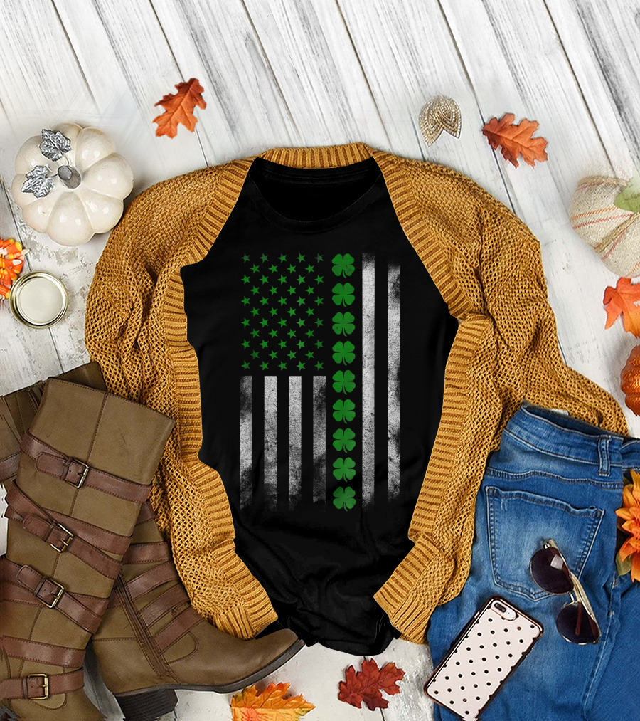 St. Patrick's Day Irish American Flag with Shamrock Stripes T-Shirt