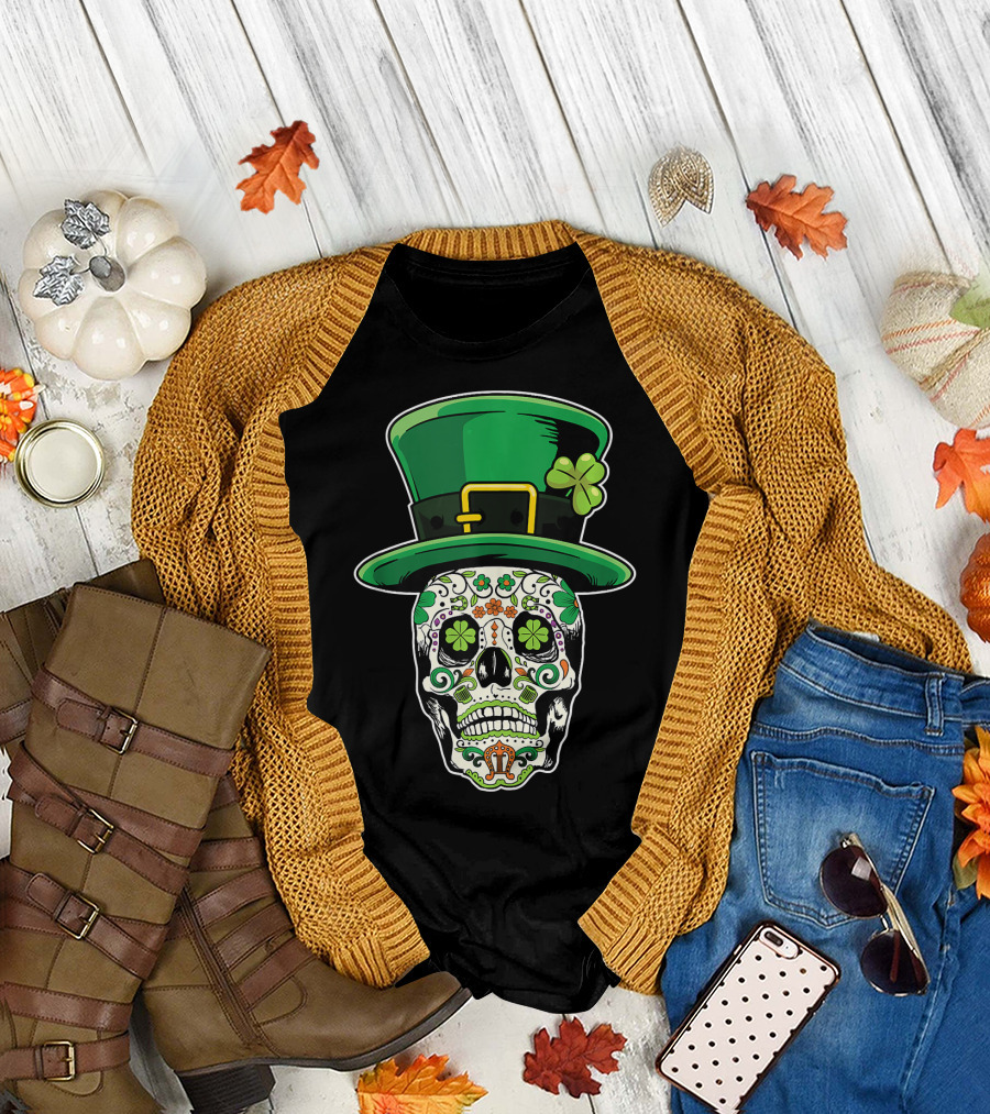 Sugar Skull St. Patrick's Day of the Dead Shamrock Hat T-Shirt