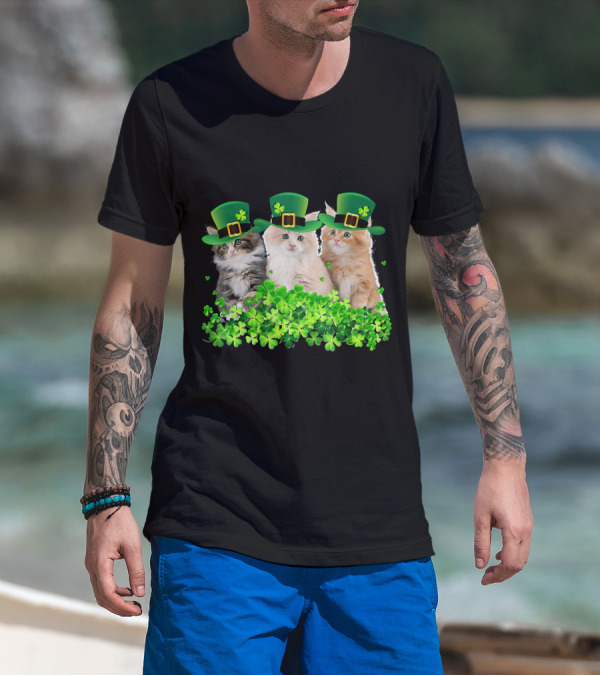 Three Cat St Patricks Day Kitty Kitten Lover Shamrock Green Hats T-Shirt