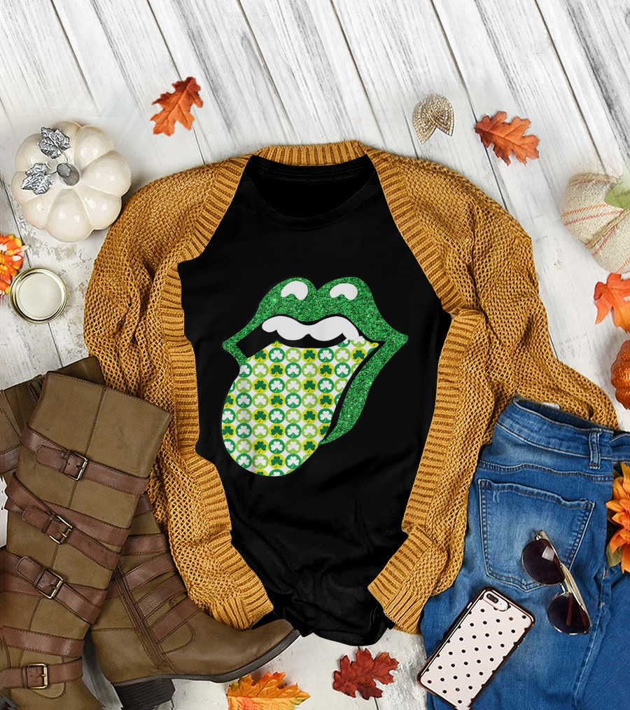 Vintage Style Lucky Clover Glitter Tongue St Patrick's Day T-Shirt