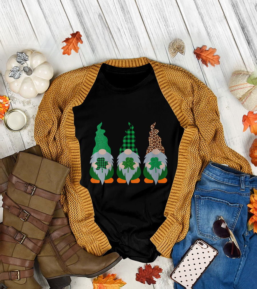 Saint Patrick's Day Gnomes Green Plaid Leopard Shamrock T-Shirt