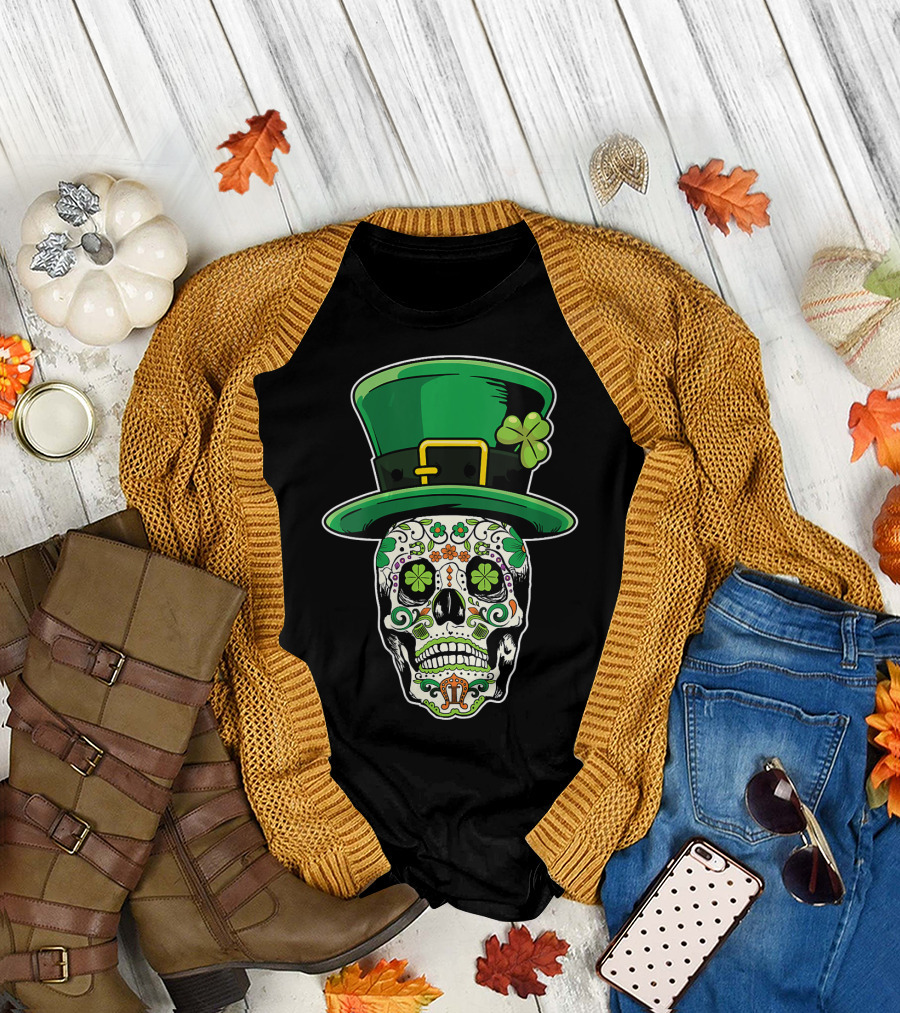 Sugar Skull Saint Patricks Day of Dead Clover Hat T-Shirt