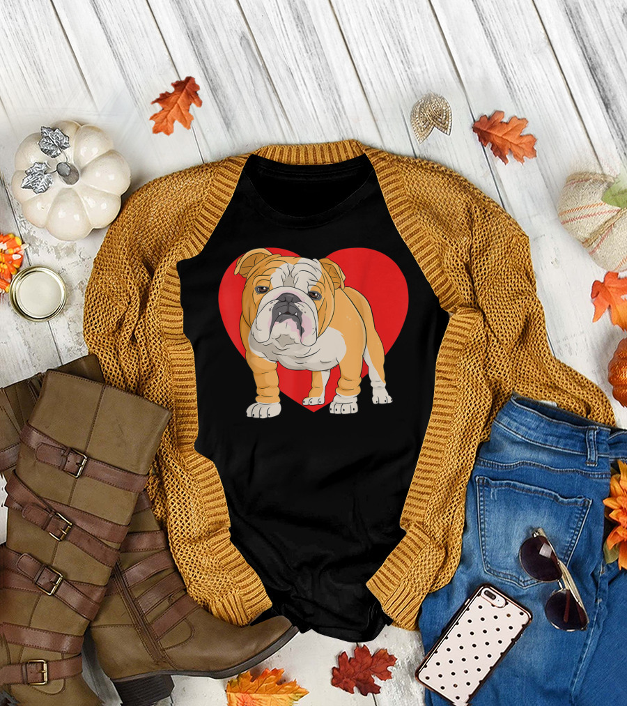 English Bulldog Red Heart Valentine Day T-Shirt