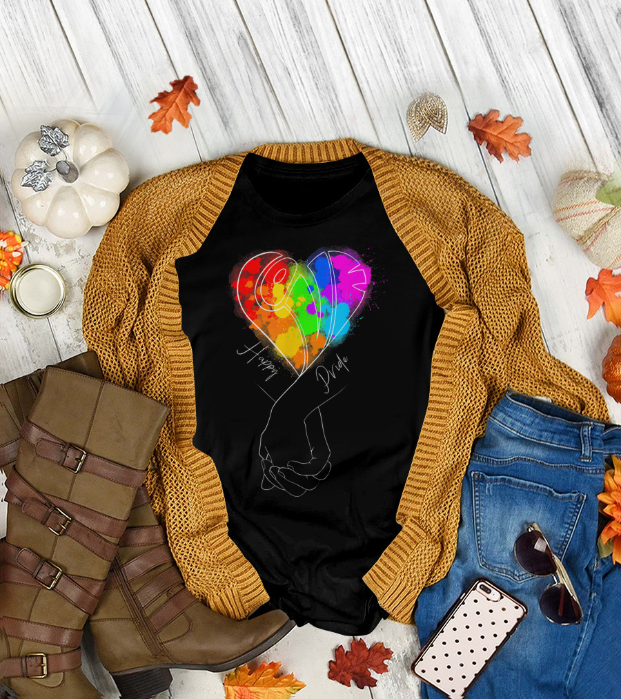 Happy Pride Love Holding Hands Rainbow Heart T-Shirt