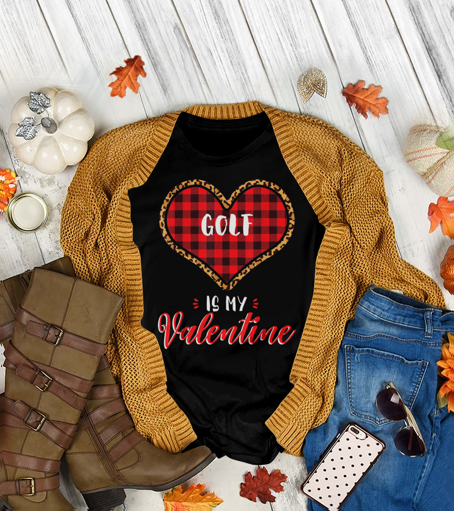Golf Is My Valentine Heart Leopard Buffalo Plaid T-Shirt
