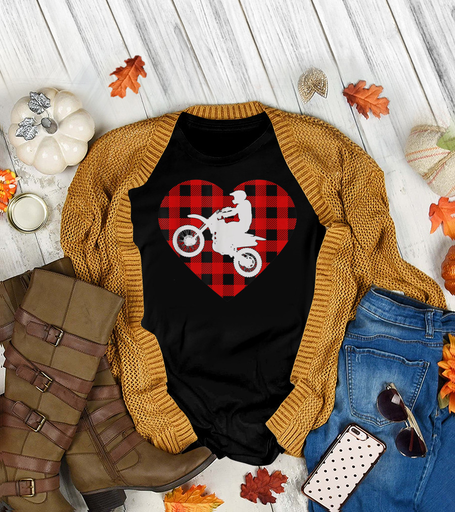 Motocross Dirt Bike Buffalo Plaid Red Heart T-Shirt