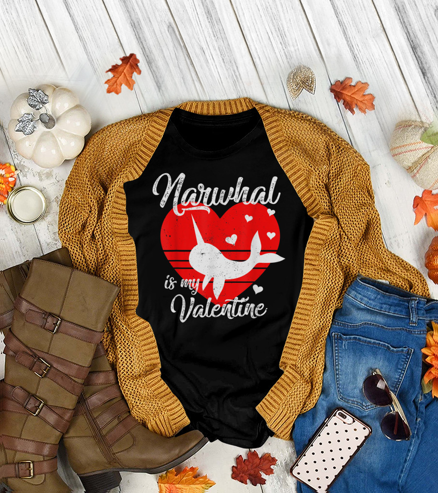 Narwhal Is My Valentine Heart Love T-Shirt