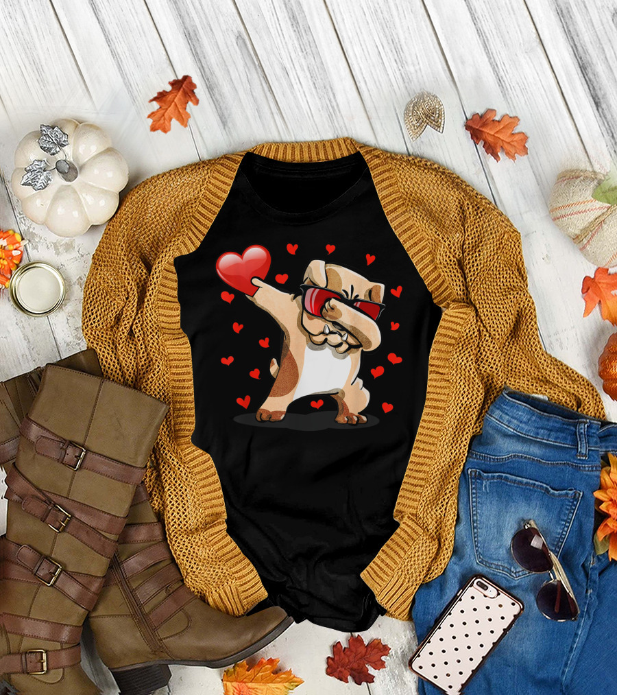 Dabbing Bulldog Sunglasses Holding Heart Surrounded by Valentines Day Hearts T-Shirt