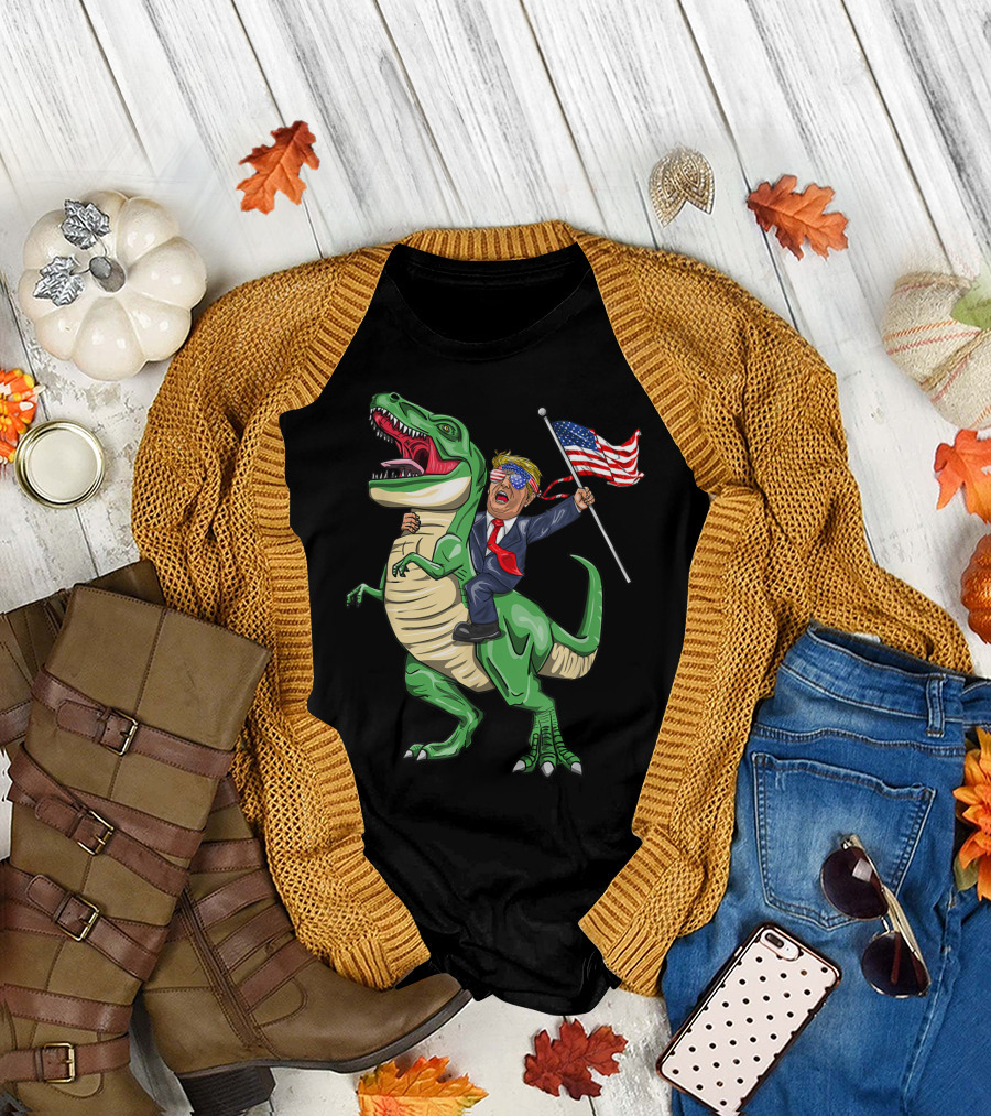 Donald Trump Riding T Rex Dinosaur Waving American Flag Glasses T-Shirt
