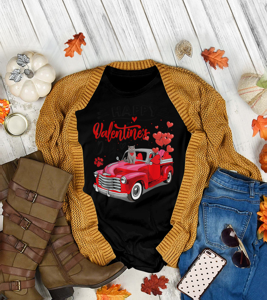 Happy Valentine's Day Cat Red Truck with Hearts Fun Meowy T-Shirt