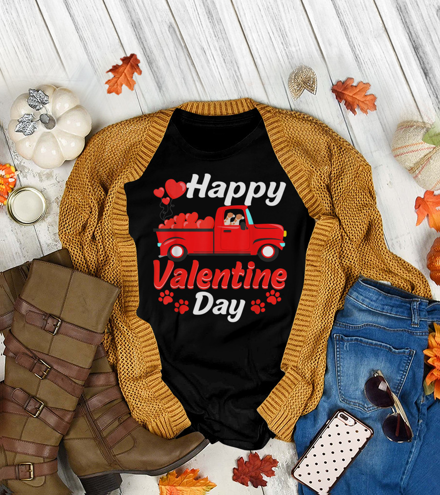 Happy Valentine Day Cute Couple Jack Russell Terrier Red Truck T-Shirt