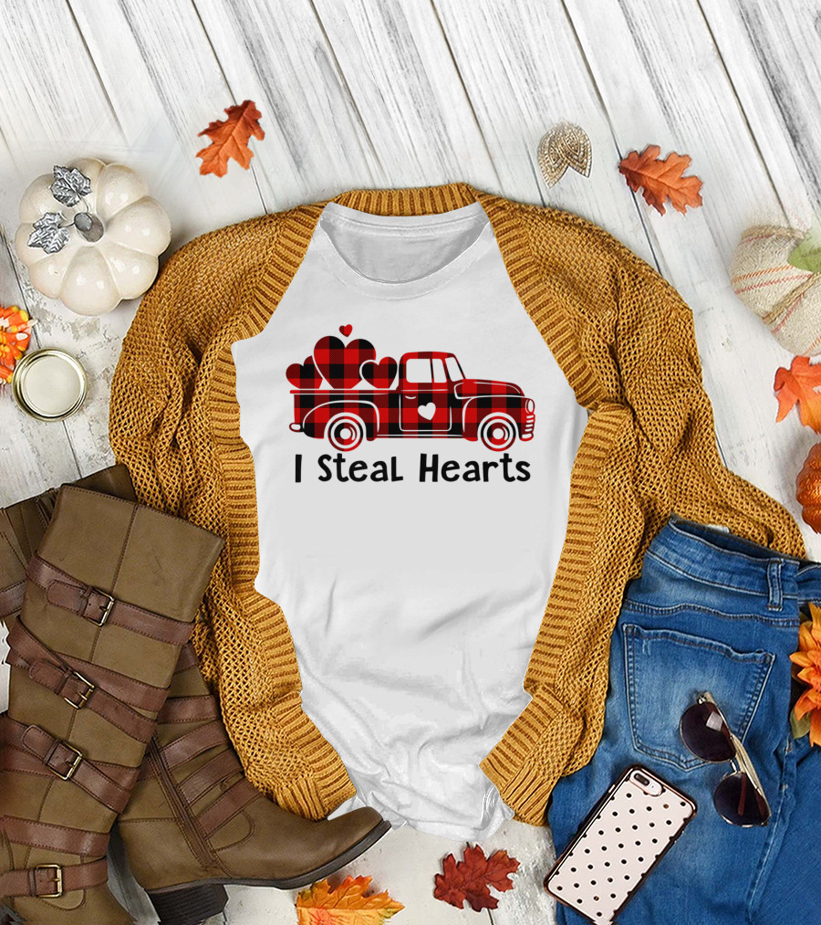 Red Buffalo Plaid Truck with Hearts I Steal Hearts T-Shirt