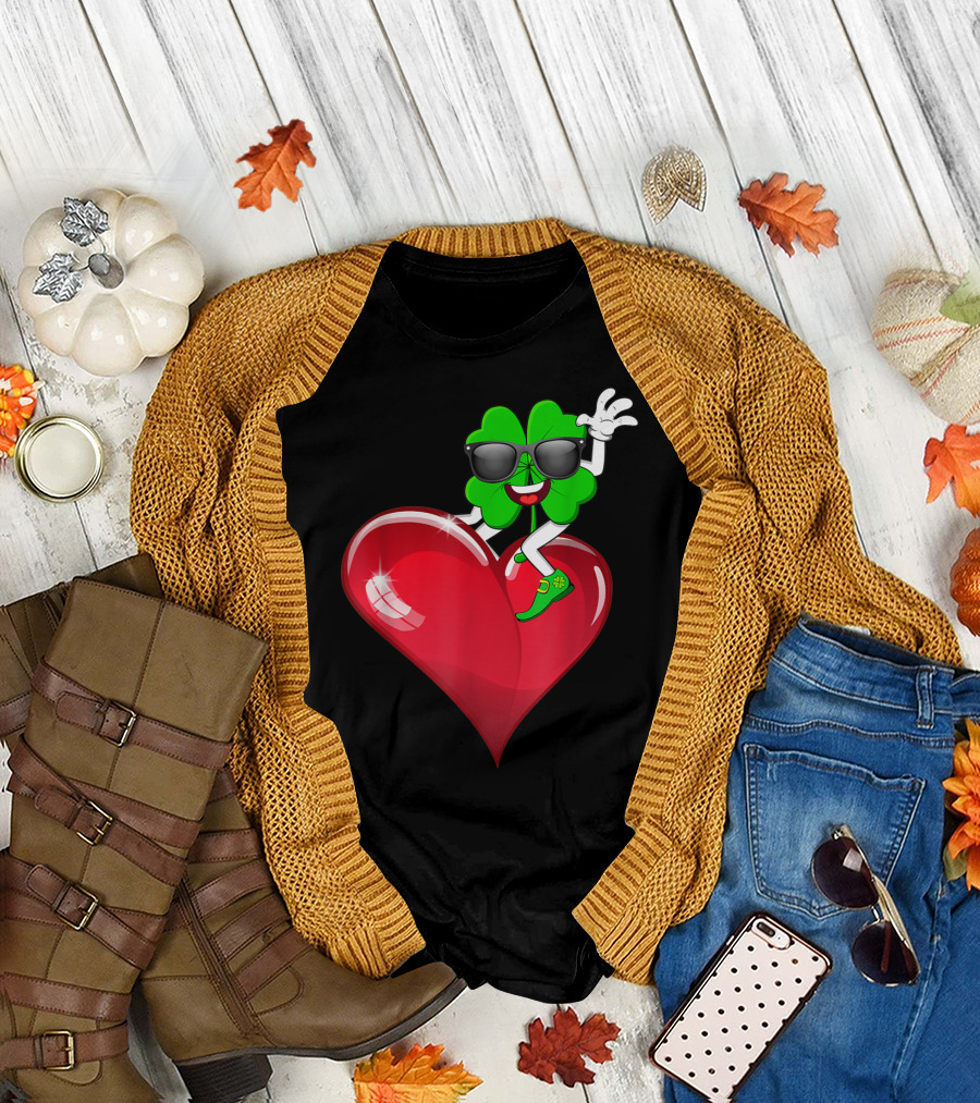 Shamrock Riding Heart with Sunglasses St Patrick's Day T-Shirt