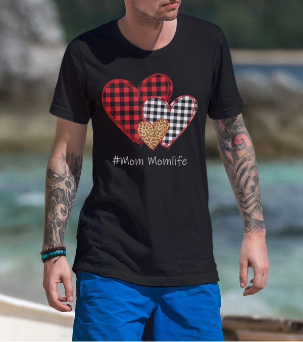 Plaid Leopard Heart #Mom Momlife T-Shirt
