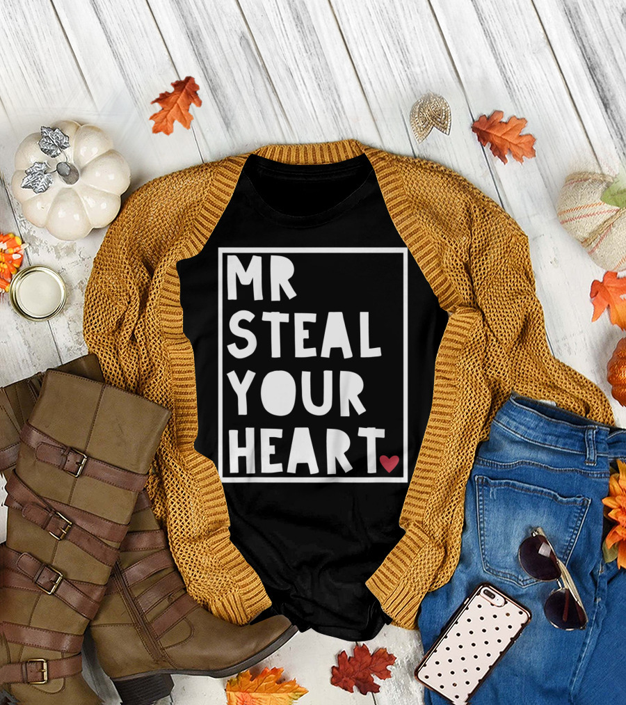Kids Cute Boy Valentine Mr Steal Your Heart Typography with Red Heart T-Shirt